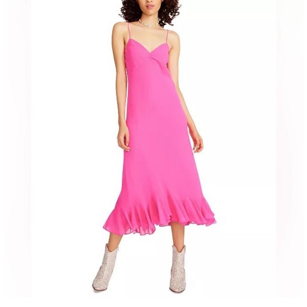Betsey Johnson Sz 10 Hot Pink Glimmer Midi Dress Rhinestone Ruffle Hem Prom Gown